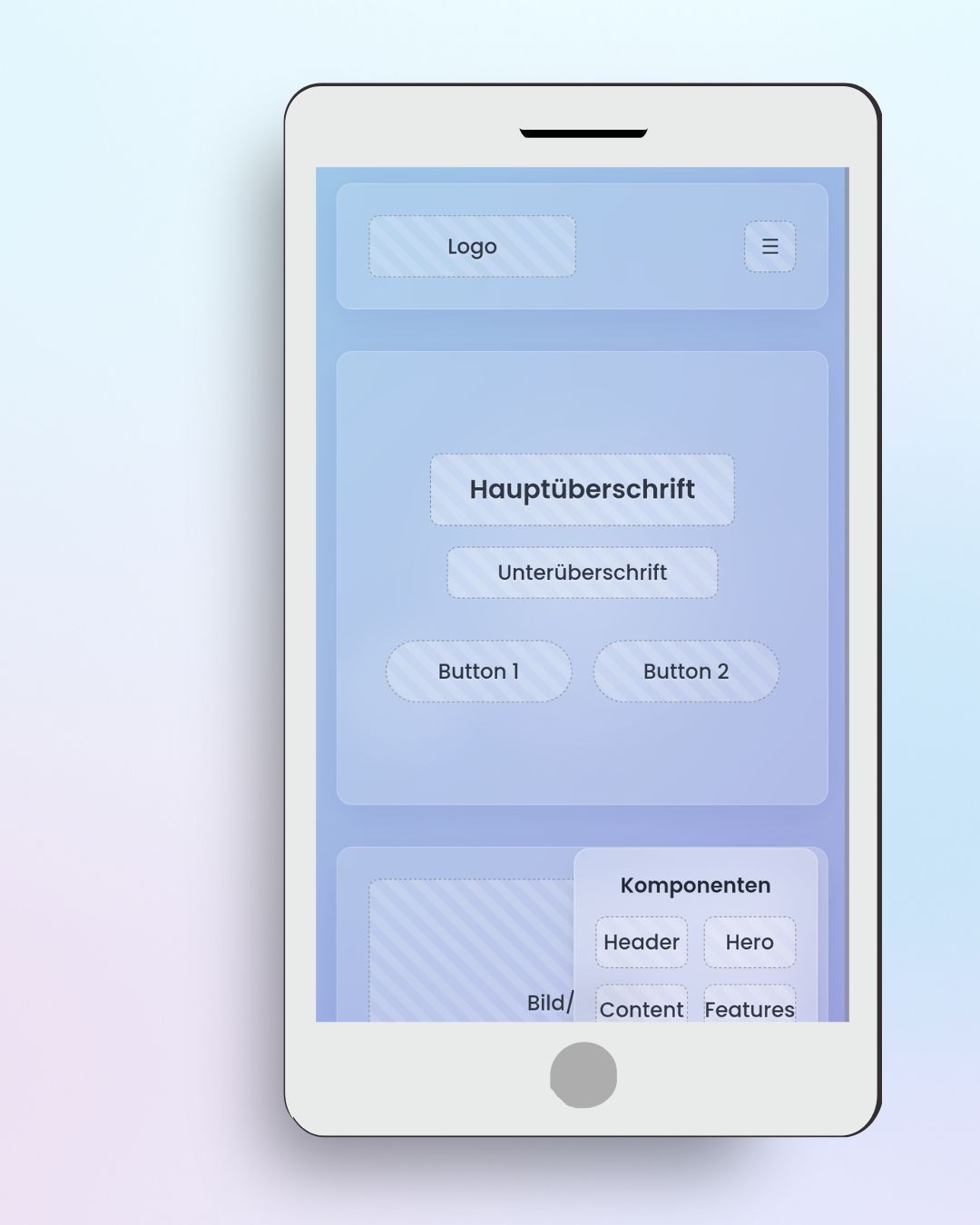 prismic_cms_beispiel Mockup einer leeren Website-Struktur mit „Content Placeholder“-Blöcken, als Metapher für flexible Inhaltsmodelle.