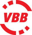 Logo des Verkehrsverbunds Berlin-Brandenburg (VBB), bestehend aus den Buchstaben VBB in roten Großbuchstaben, ergänzt durch einen roten Kreis mit dynamischer Gestaltung.
