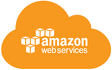 Amazon Web Services (AWS) Logo mit einem orangefarbenen Wolkensymbol und weißen Würfeln.