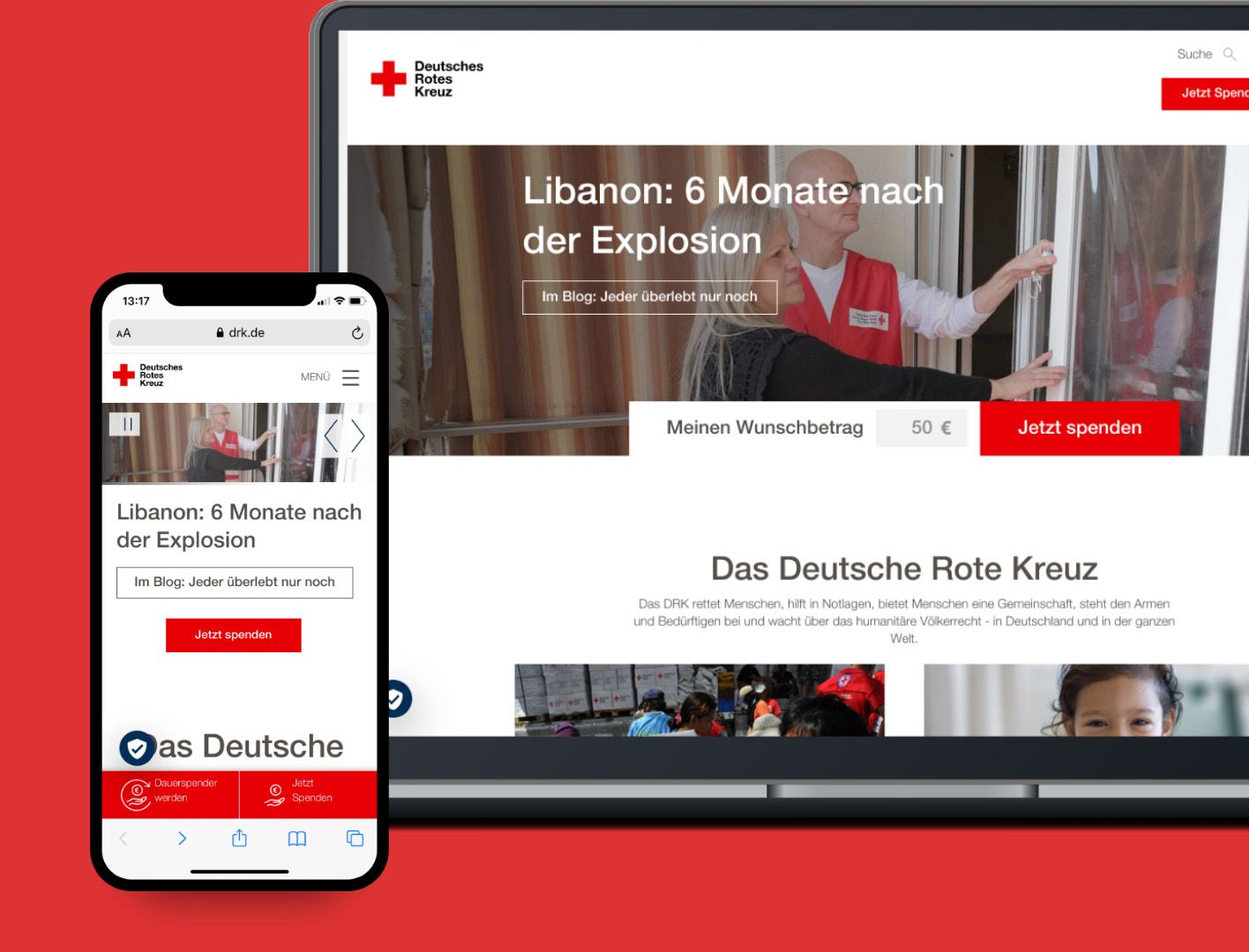 Responsive Website des Deutschen Roten Kreuzes auf einem Smartphone und einem Laptop, optimiert für verschiedene Bildschirmgrößen.