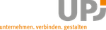 Logo von UPJ mit den Buchstaben „UPJ“ in Grau und dem Slogan „ihnen. verbinden. gestalten.“ in Orange darunter.