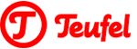 Logo von Teufel mit rotem Schriftzug und einem stilisierten "T" in einem Kreis.