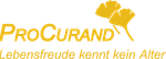 Logo von ProCurand mit gelbem Schriftzug, Ginkgo-Blatt-Symbol und dem Slogan "Lebensfreude kennt kein Alter".