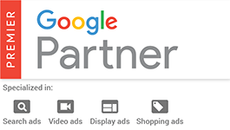 Google Partner Logo mit buntem "Google"-Schriftzug und "Partner" in grauer Schrift, begleitet von Symbolen für verschiedene Werbeformate.