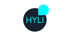 Logo von HYLI mit einem stilisierten Kreis und dem Schriftzug "HYLI" in hellblauer Farbe.