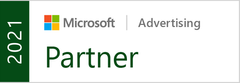 Microsoft Advertising Partner Logo 2021 mit Microsoft-Logo und grüner Schrift.