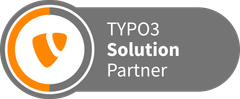 TYPO3 Solution Partner Logo mit orangefarbenem Symbol und grauem Hintergrund, das die Partnerschaft von e-pixler kennzeichnet.
