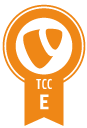 TCC Zertifikat Logo mit orangefarbenem Band und dem Buchstaben "E", das für die Zertifizierung von e-pixler steht.