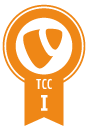 TCC Zertifikat Logo mit orangefarbenem Band und dem Buchstaben "I", das für die Zertifizierung von e-pixler steht.
